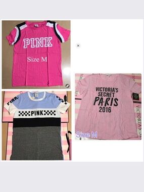 3 PINK Victoria's Secret PERFECT CREW TEE Logo Tee & VS PARIS 2016 Tee - Size M